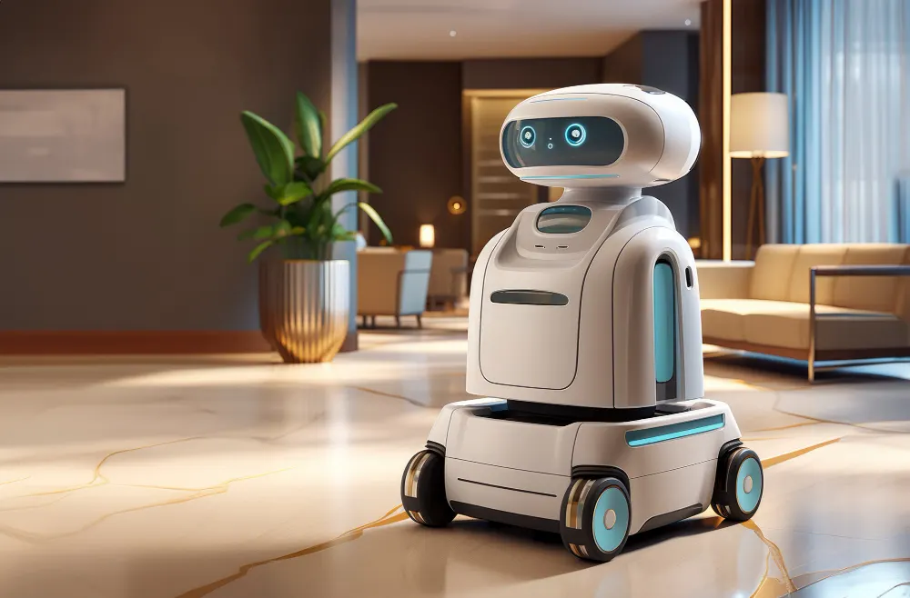 White household robot with glowing eyes on wheels, standing in a spacious living area with a plant and sofas behind it