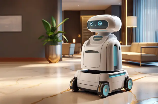 White household robot with glowing eyes on wheels, standing in a spacious living area with a plant and sofas behind it