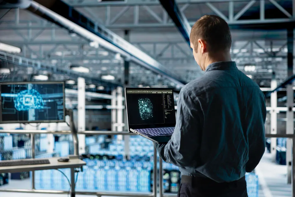 Man seen from behind holding an open laptop in an industrial hall, next to a screen showing a blue digital figure