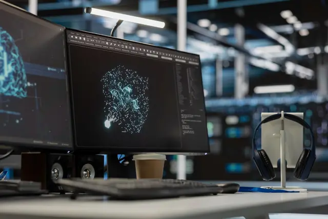 Desk with two monitors showing a digital brain and a cloud of glowing dots, with headphones and a cup next to the keyboard