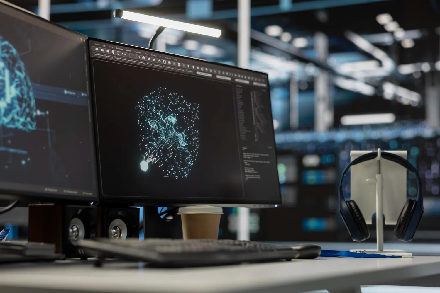 Desk with two monitors showing a digital brain and a cloud of glowing dots, with headphones and a cup next to the keyboard