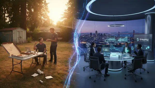 Two young men with pizza and a laptop in a backyard and, on the other side, a futuristic boardroom with executives and a night city