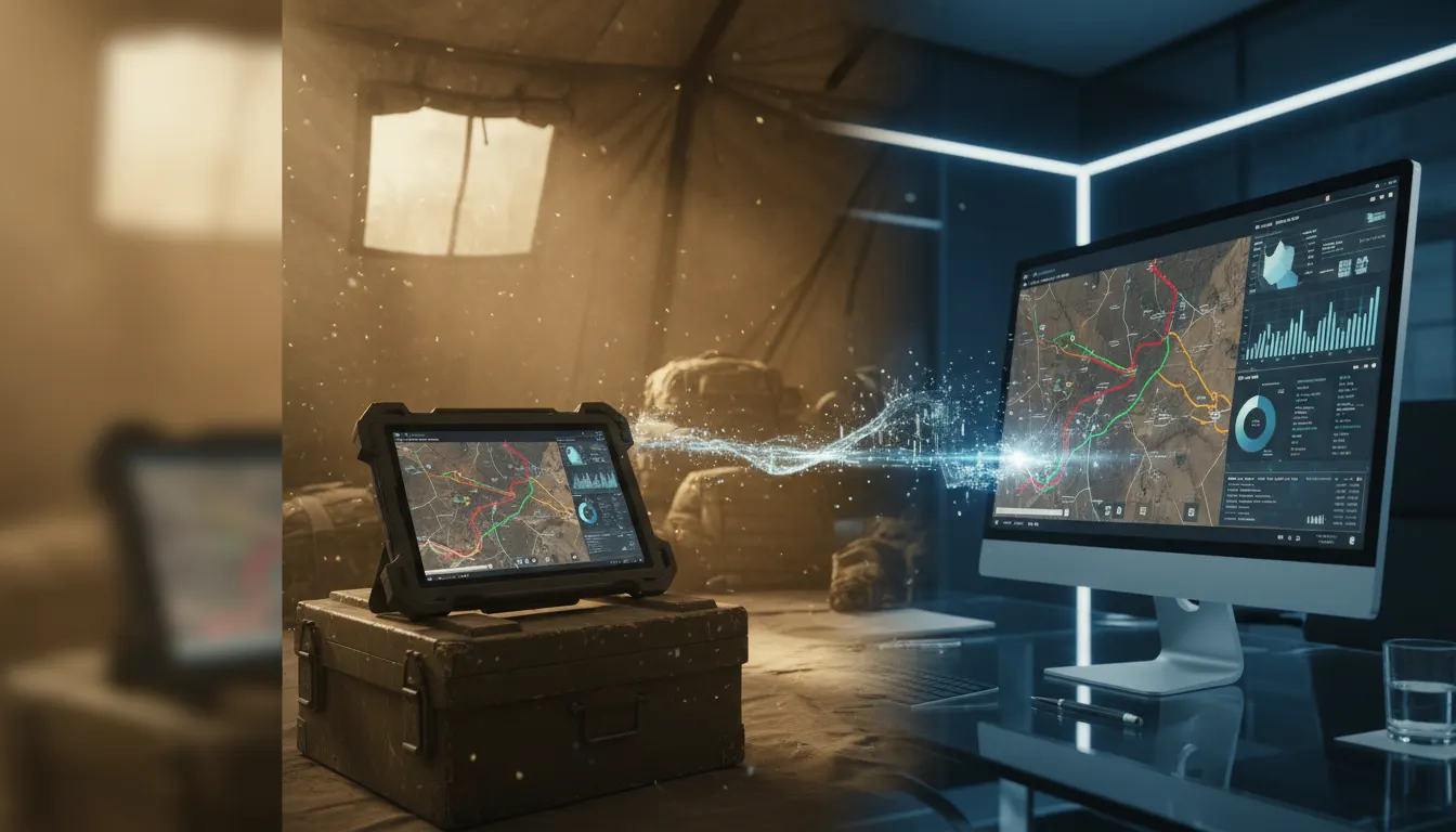 Military tablet on a field crate in a tent, joined by a stream of data to an office monitor showing the same map