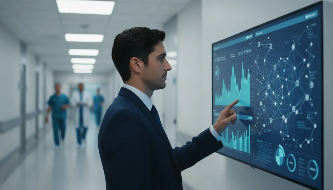 Man in a suit touching a screen with charts and a node network in a hospital corridor, with medical staff in the background