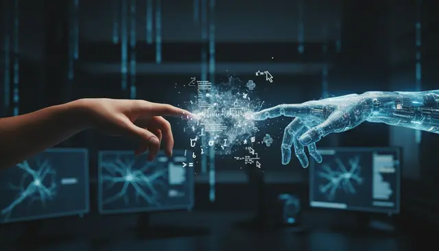 A human hand and a translucent robotic hand about to touch, with symbols and data floating between them, in front of screens showing neural networks