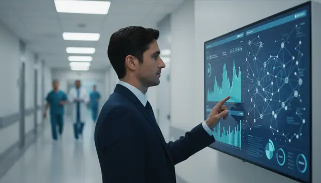 Man in a suit touching a screen with charts and a node network in a hospital corridor, with medical staff in the background