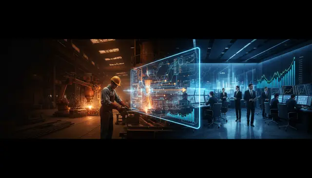 Split scene of a worker in a hard hat at an industrial machine and office staff at trading screens, joined by a holographic panel