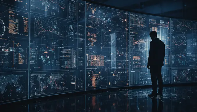 Man seen from behind before a wall of screens with maps, charts and data tables in a dark room