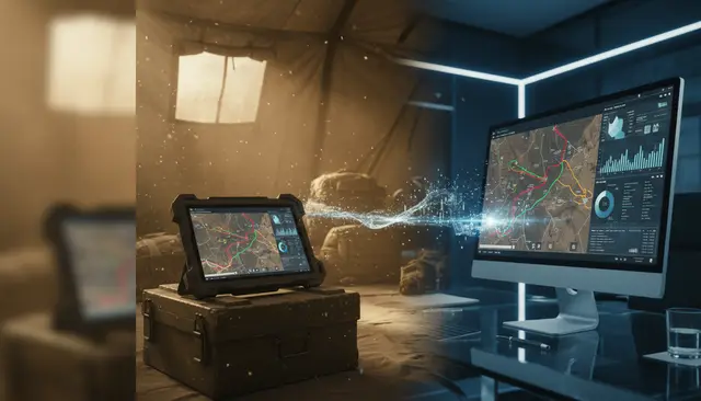 Military tablet on a field crate in a tent, joined by a stream of data to an office monitor showing the same map