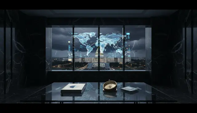Dark room with a window showing a holographic world map above a domed building, and a book and a compass on the table