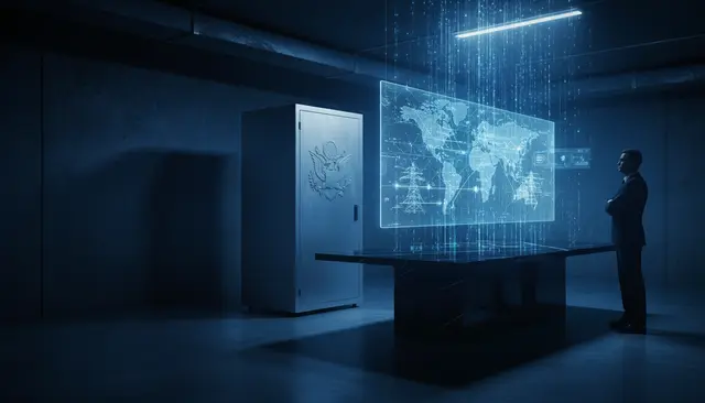 Man standing before a holographic world map with a cascade of data, in a dark room beside an armored cabinet with an engraved emblem