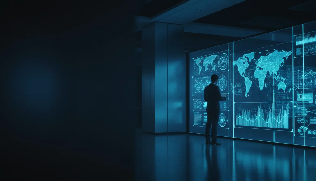 Man standing before holographic screens with world maps and charts in a dark blue room