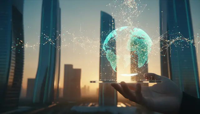 Open hand holding a holographic globe between skyscrapers at sunset