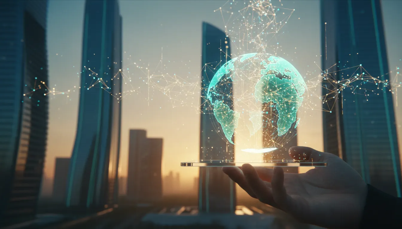 Open hand holding a holographic globe between skyscrapers at sunset