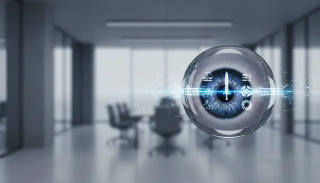 Glass sphere holding a blue eye and data symbols, floating in a blurred meeting room