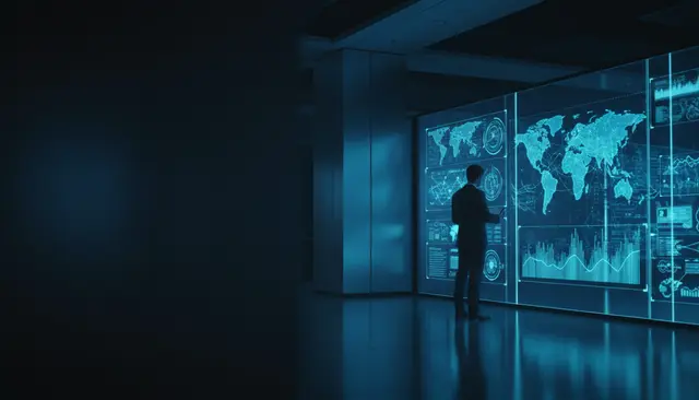 Man standing before holographic screens with world maps and charts in a dark blue room