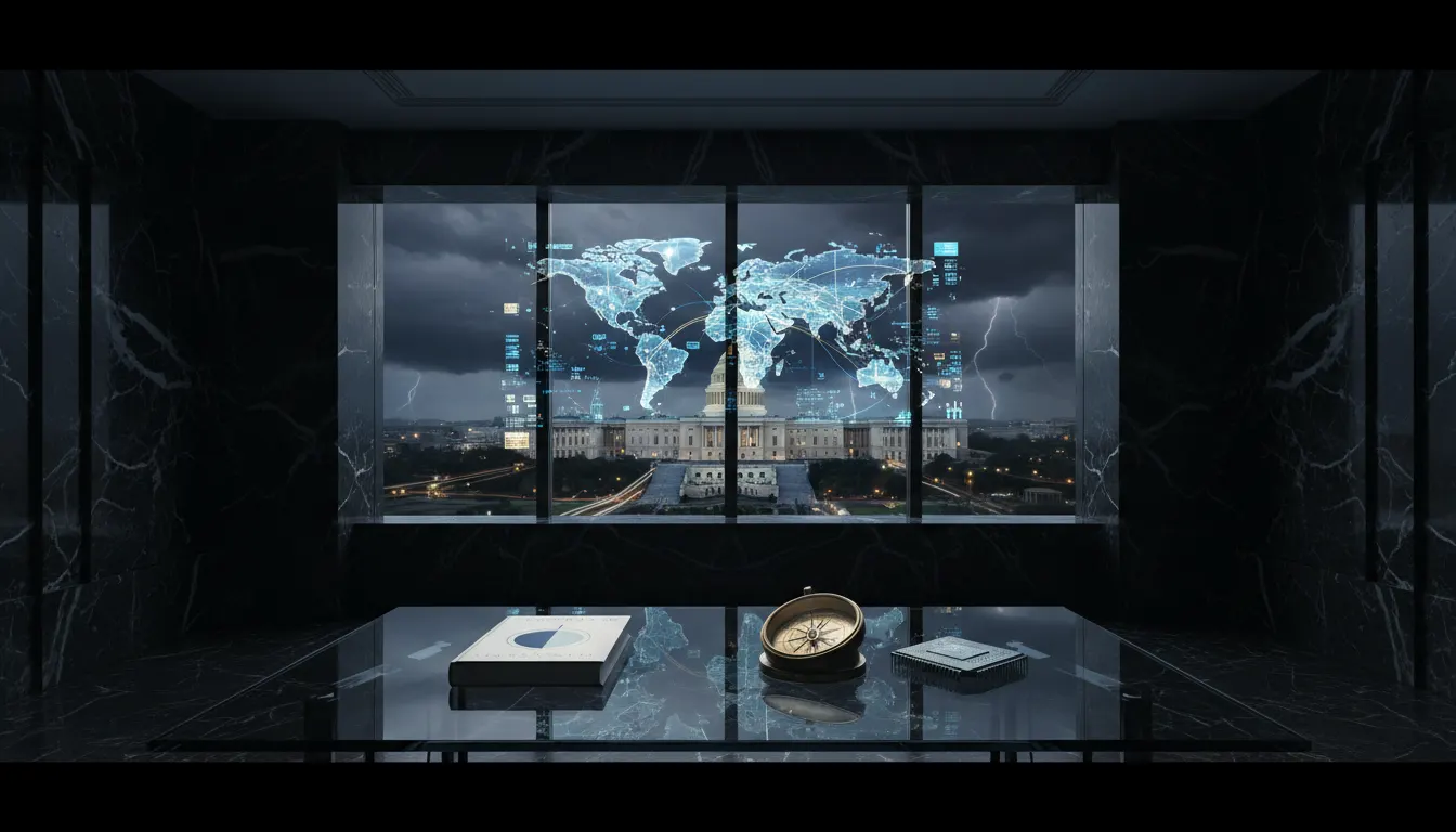 Dark room with a window showing a holographic world map above a domed building, and a book and a compass on the table