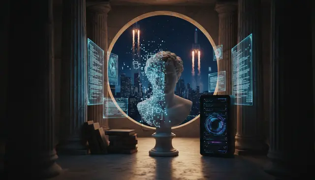 Classical bust breaking into digital particles, framed by an arch showing rockets and a night city, beside holographic panels and a phone