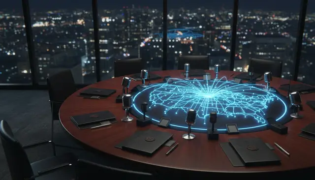 A round table with microphones and a glowing holographic map of the United States, in a room overlooking a city at night