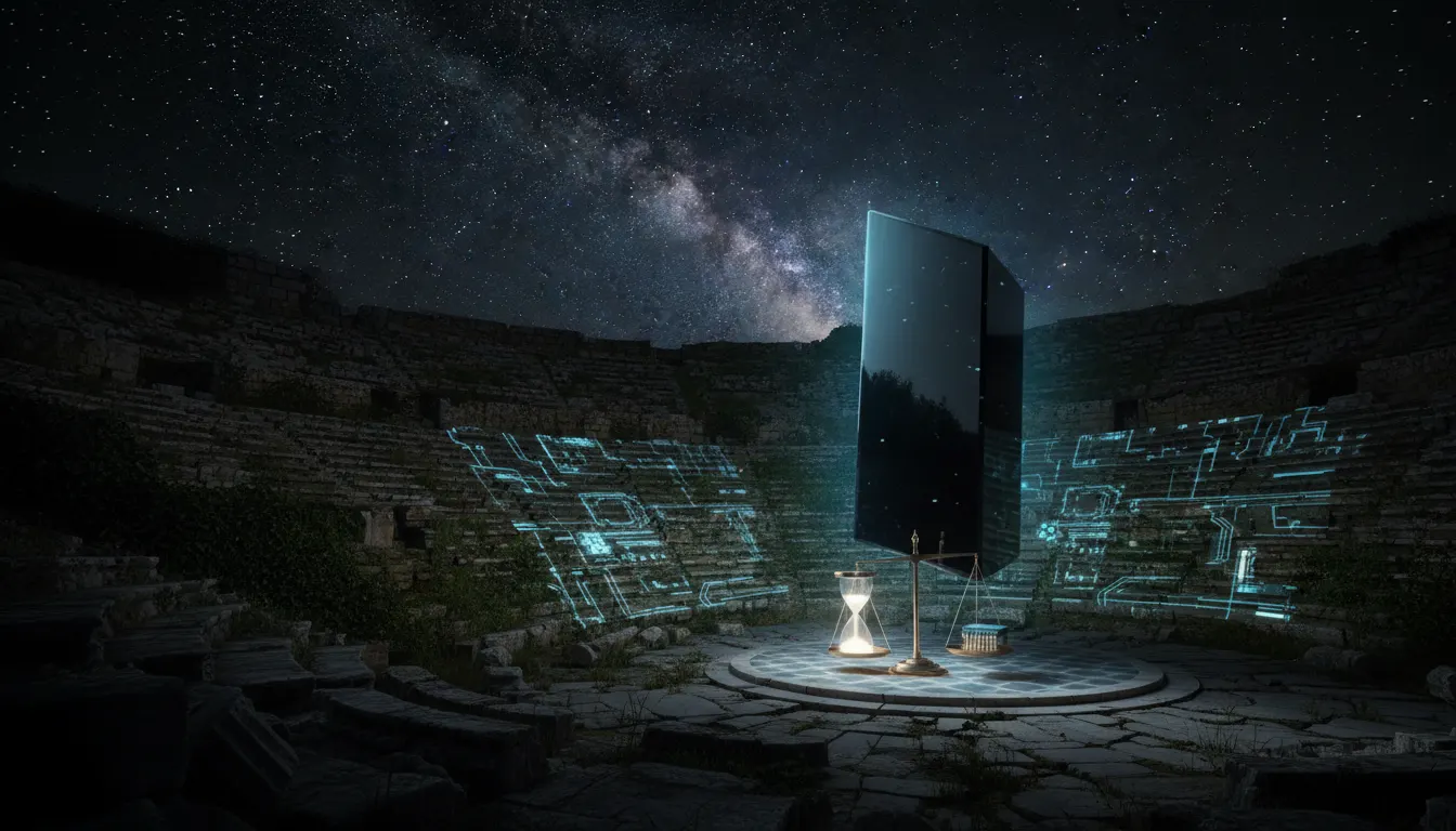 Dark monolith and hourglass in an ancient amphitheater under a starry sky, with glowing digital interfaces across the stone seats