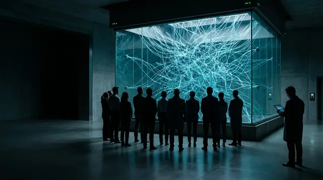 Silhouettes of people standing before a large glass case lit in blue, holding a tangle of glowing lines, in a dark hall