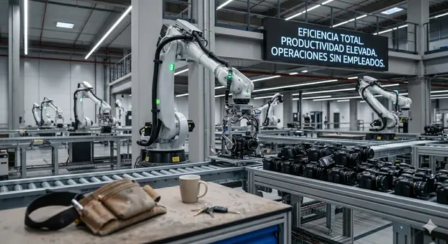 Robotic arms in a factory with no people in sight, under a sign reading “Total efficiency. High productivity. Operations without employees”