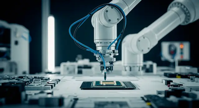 A white robotic arm with blue cables placing a chip onto a circuit board on an assembly line