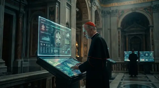 Cardinal in a black cassock and red cap beside a holographic screen with charts and a crest, in a basilica with more screens in the background