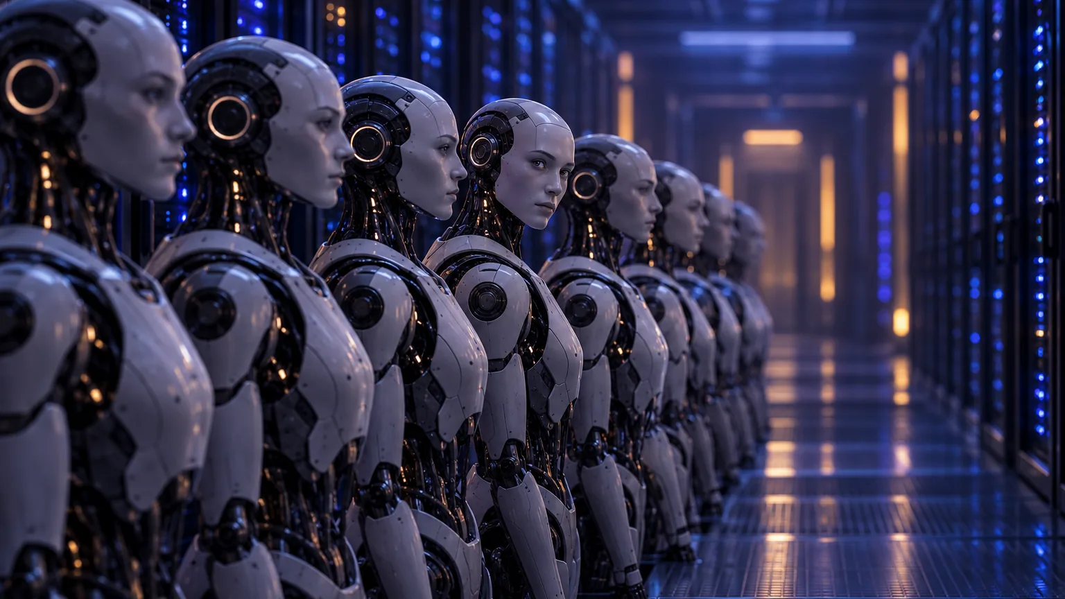 Row of identical robots in a data center, one turns its head and breaks formation