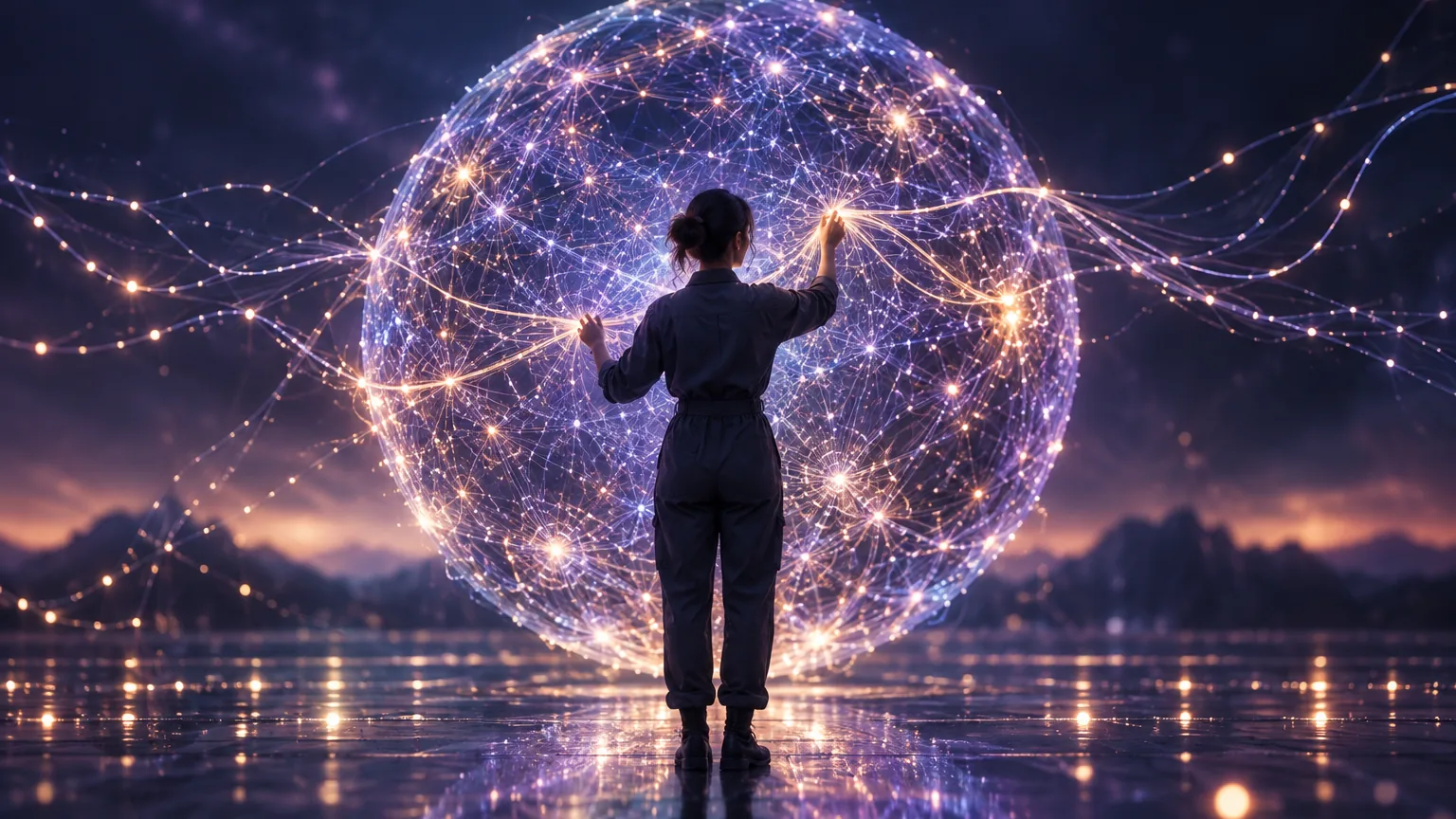 Engineer adjusting strands of light drifting away from a neural network sphere