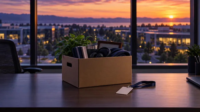 Employee badge on an empty desk next to a box of belongings