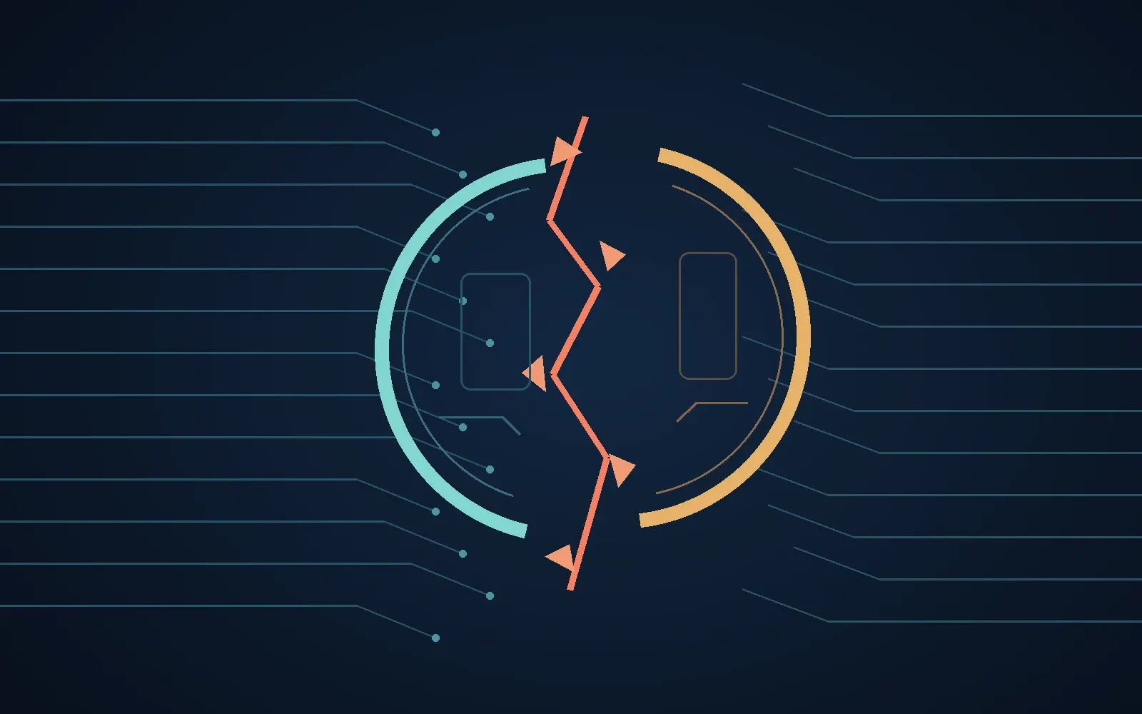 Abstract illustration of a seal split by a luminous fracture among circuits, a symbol of a broken commitment to artificial intelligence safety.