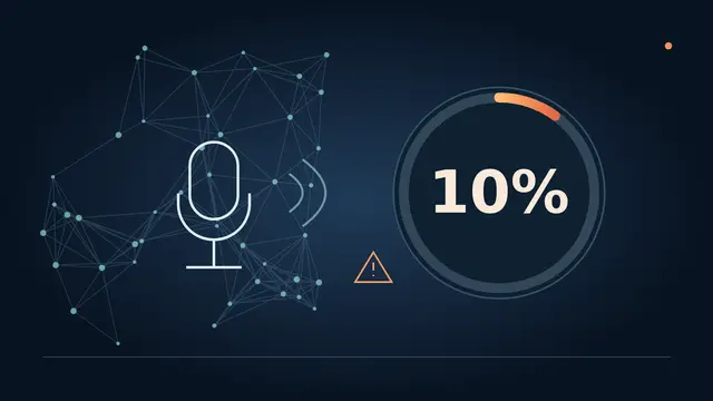 Original editorial illustration: microphone, neural network and a 10% indicator of artificial intelligence risk.