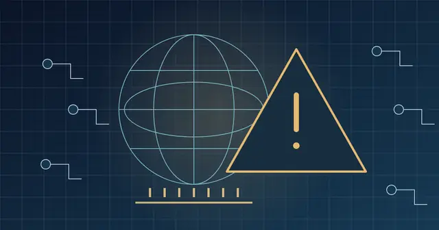 Original illustration of a globe with a warning triangle and circuit connections, on the global risks of AI.