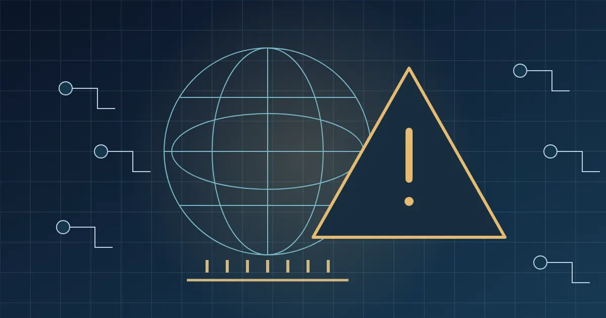 Original illustration of a globe with a warning triangle and circuit connections, on the global risks of AI.