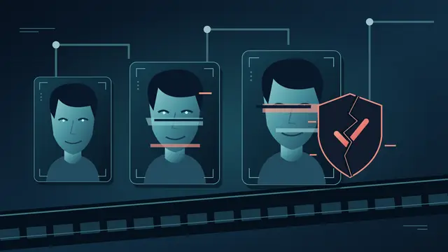 Illustration of digital faces replicated on a production line and a fractured verification signal: deepfakes and loss of trust.