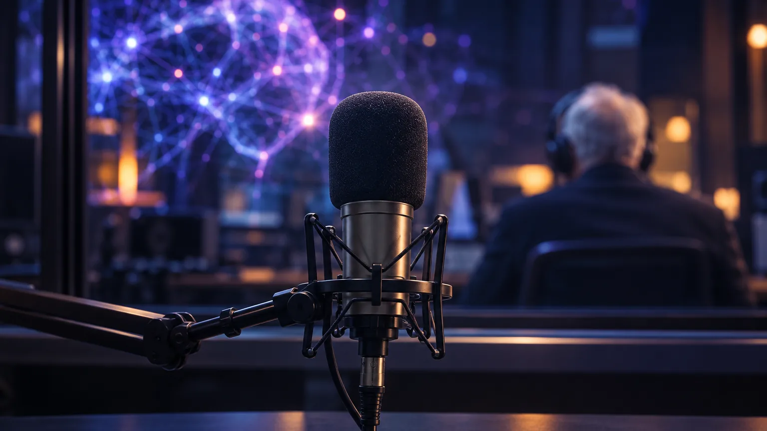 Radio microphone in a dark studio with a neural network reflected in the glass
