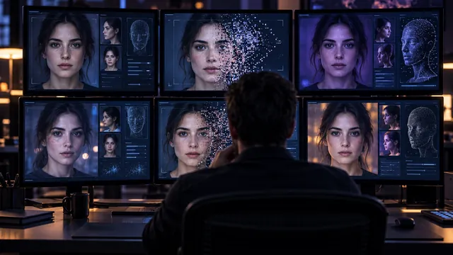 Screens showing the same face with small differences, one breaking into pixels