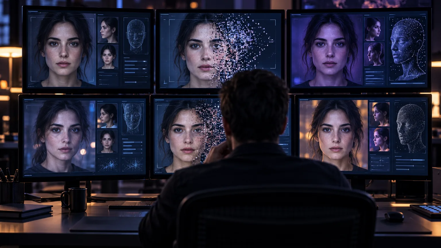 Screens showing the same face with small differences, one breaking into pixels