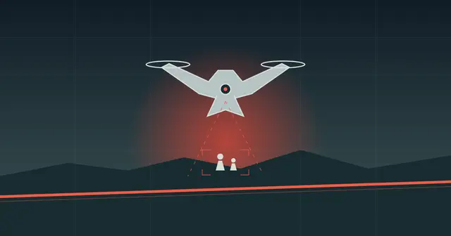 Illustration of an autonomous drone over human silhouettes facing a moral red line