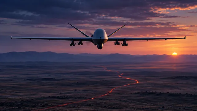 Autonomous military drone over the steppe at sunset, with a glowing red line on the ground