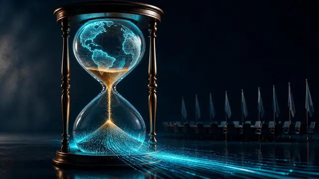 Globe inside an hourglass on a diplomatic table: global governance is lagging behind AI.