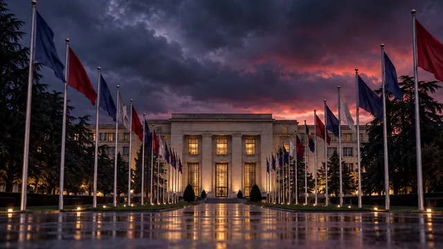 Palais des Nations in Geneva at dusk under a stormy sky