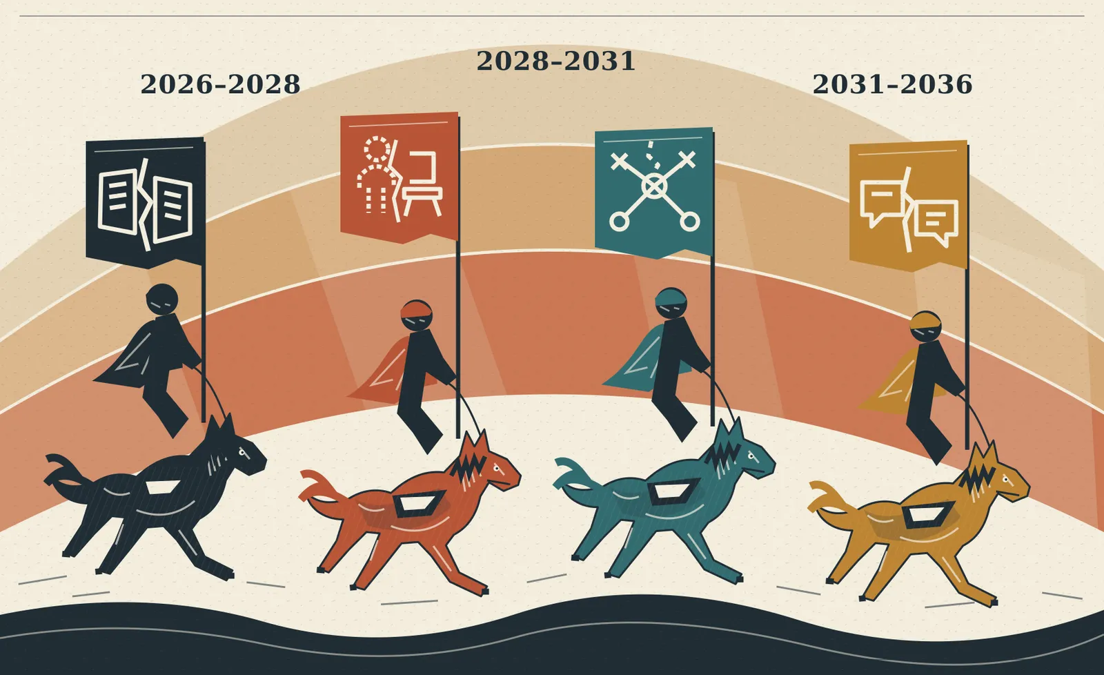 Editorial print of four horsemen: fragmented news, displaced work, uncontrolled agents and divided dialogue, against the 2026–2028, 2028–2031 and 2031–2036 horizons.