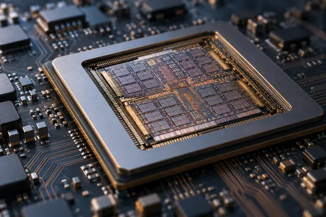 Illustration of a silicon processor with repeated compute and memory blocks on an electronic circuit board.