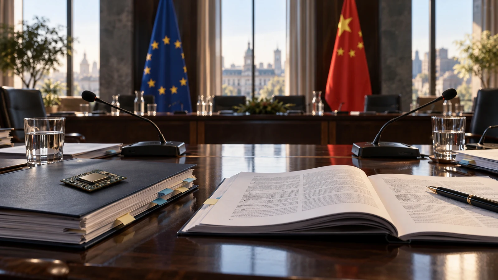 AI-generated conceptual image: regulatory documents and a processor on a negotiating table, with European Union and Chinese flags in the background.