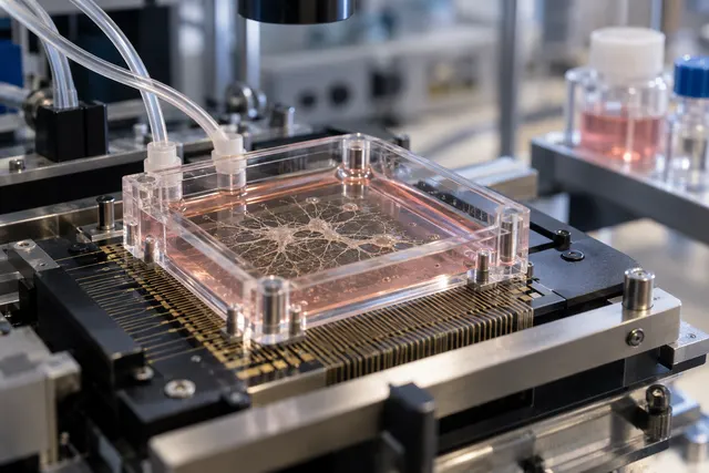 AI-generated editorial illustration of a neural culture chamber on an electrode interface in a laboratory.