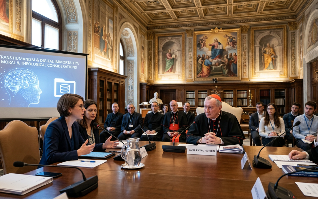 Panel discussion with slide reading “TRANS HUMANISM & DIGITAL IMMORTALITY: MORAL & THEOLOGICAL CONSIDERATIONS”