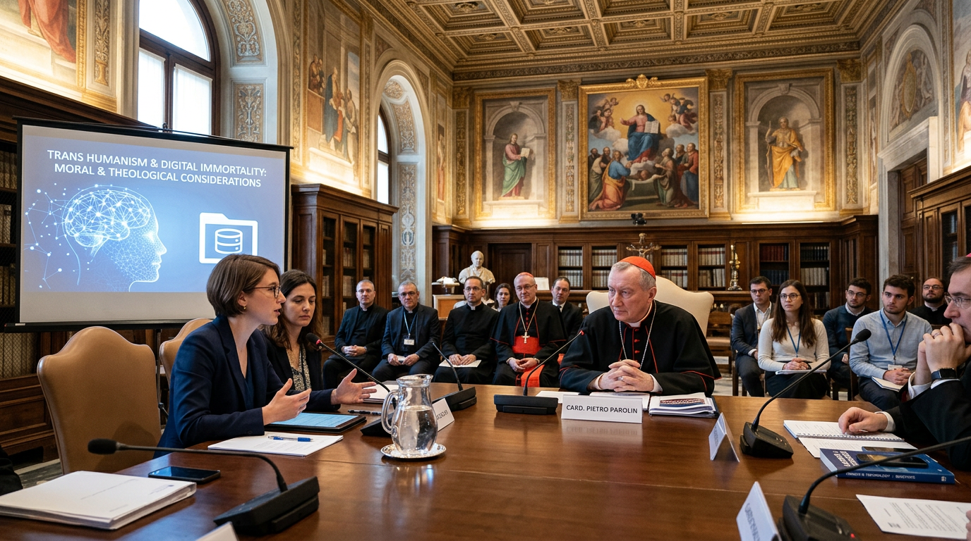 Contra el sueño de la inmortalidad digital: el Vaticano y el desafío transhumanista Panel discussion with slide reading “TRANS HUMANISM & DIGITAL IMMORTALITY: MORAL & THEOLOGICAL CONSIDERATIONS”