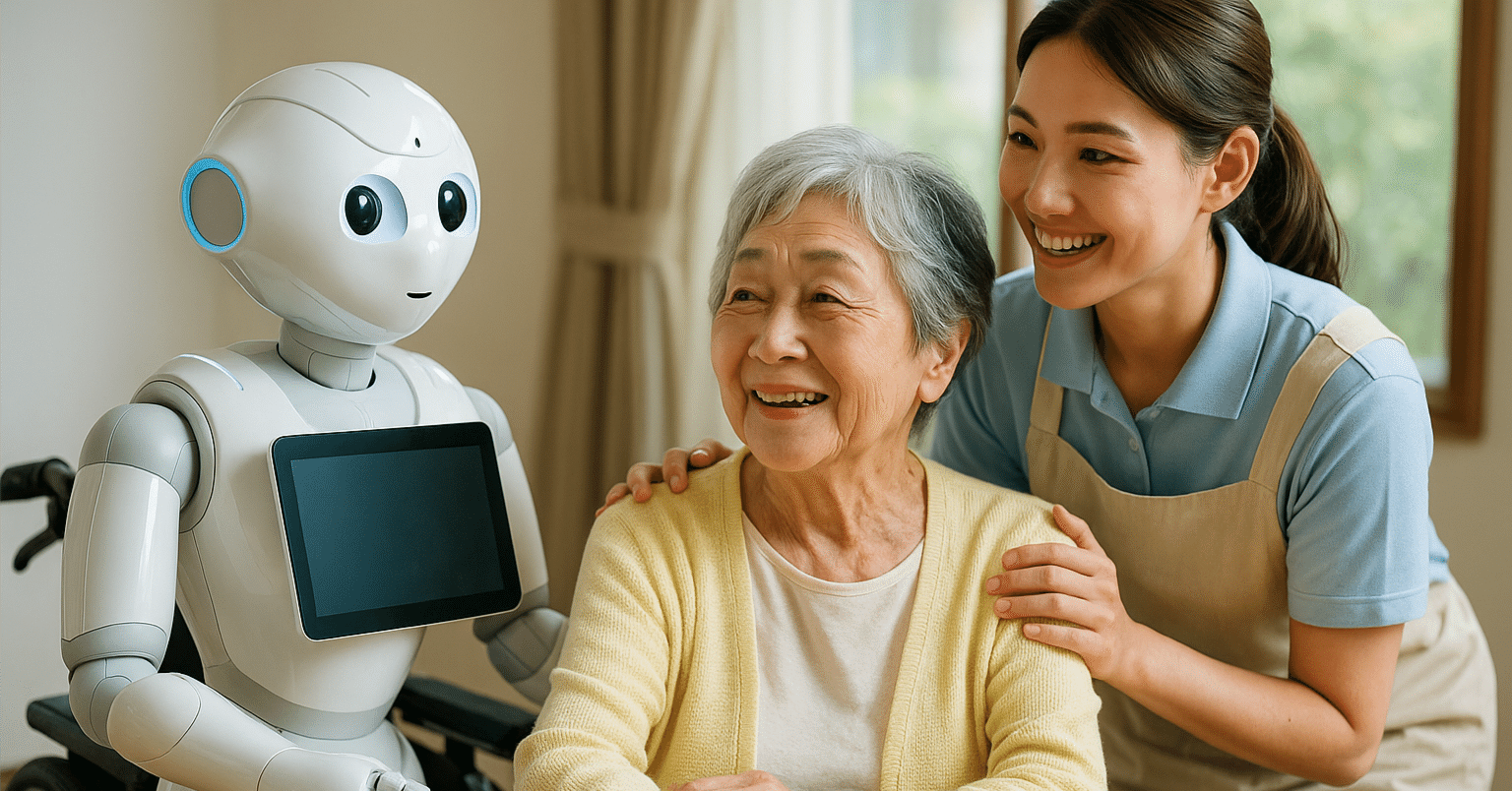 Human reserves and care in the age of AI Human caregiver and assistive robot accompanying an older adult, symbolizing human reserves in the age of automation